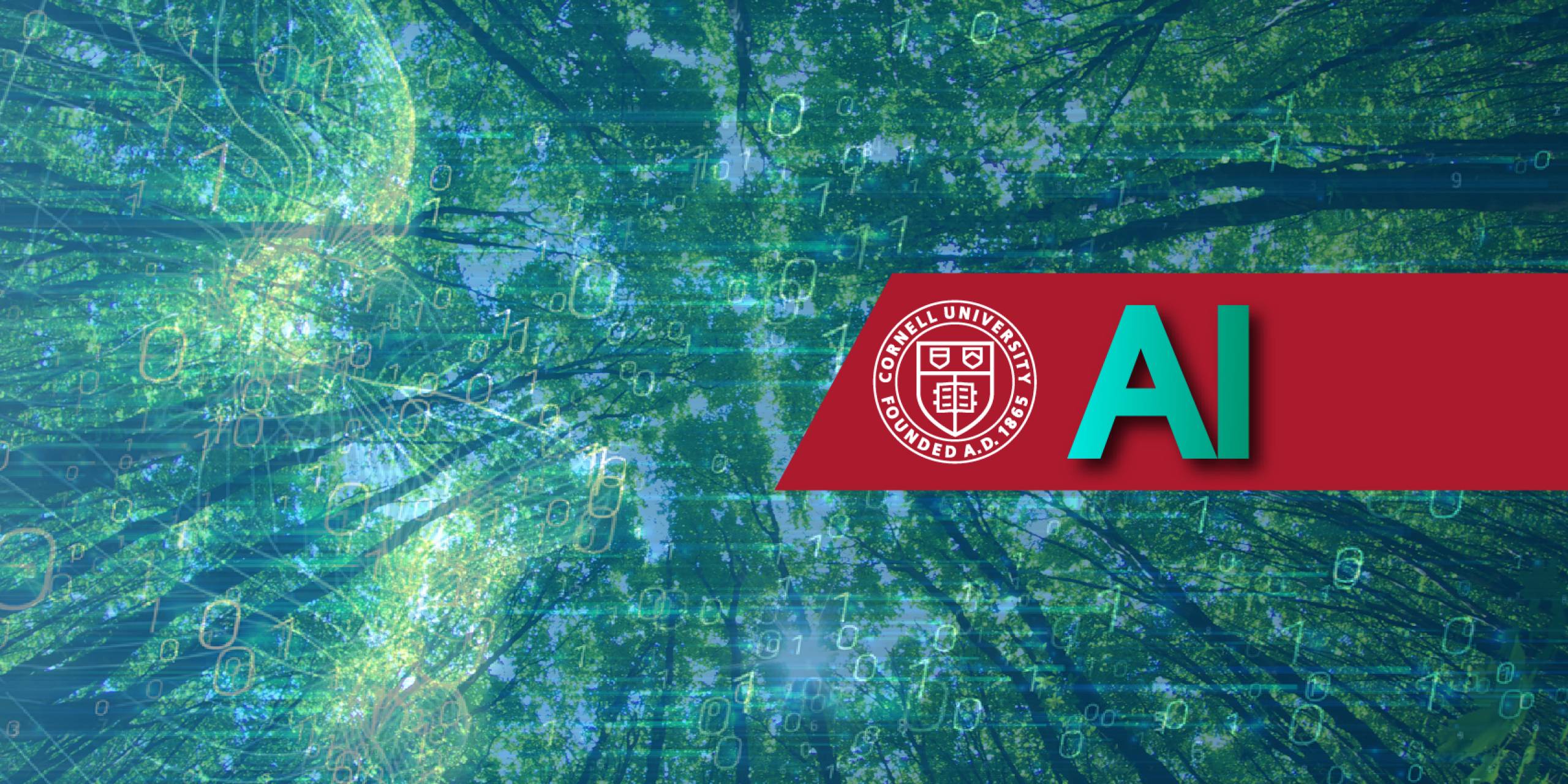 A color photo showing a tree canopy with a face overlaying the image with the Cornell seal and the letters "AI" to the right
