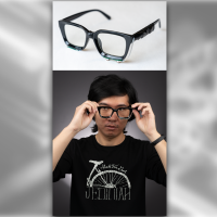 A photo collage showing eye glasses and a man in wearing them