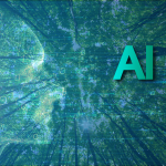 A color photo showing a tree canopy with a face overlaying the image with the letter "AI" to the right